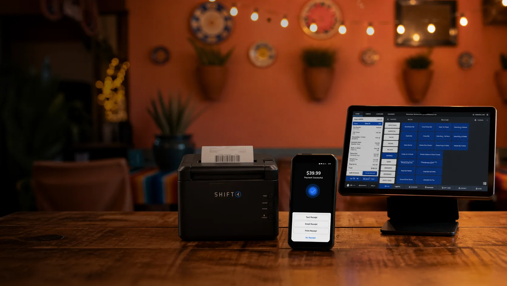 Shift4 Dine POS terminal, printer, and customer display set up in a restaurant