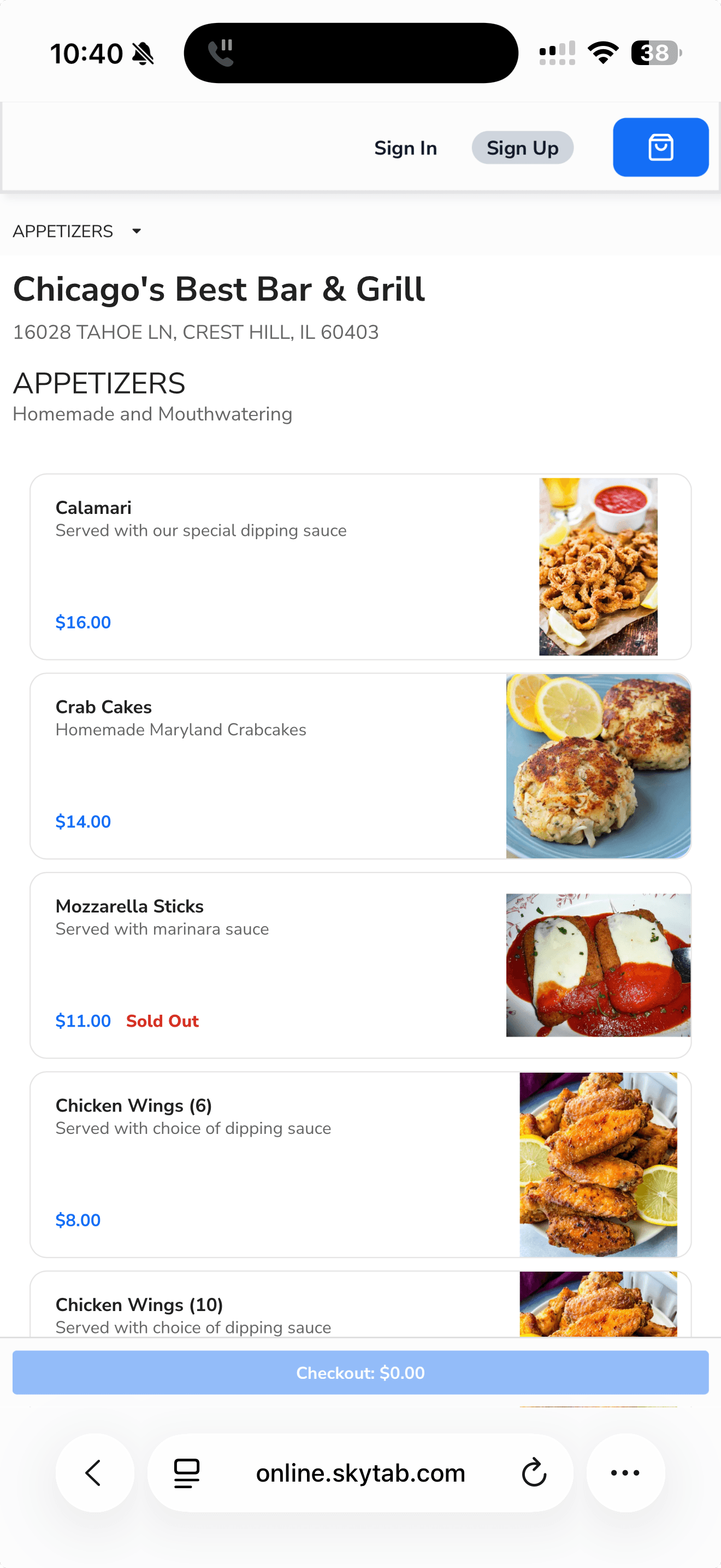 Shift4 Dine online ordering menu on iPhone