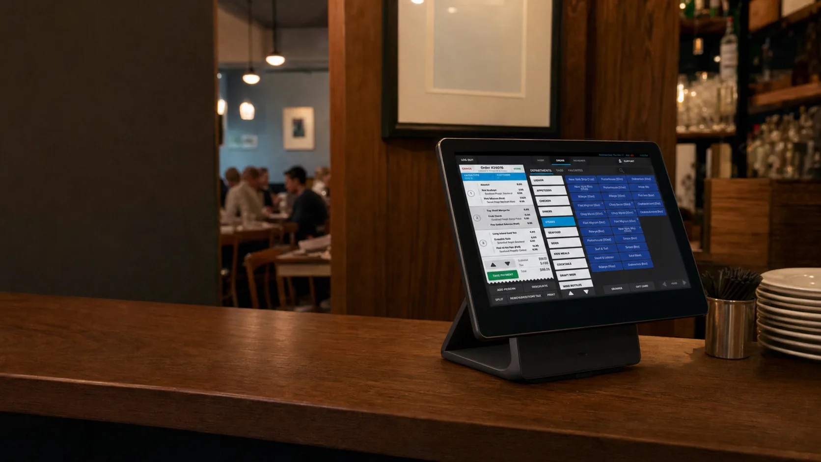 Shift4 Dine POS workstation installed on a restaurant bar